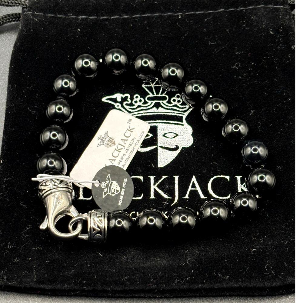 Blackjack BJS244BSO Men's Black Onyx Beaded Bracelet Stainless Steel NIBWT - Picture 7 of 15